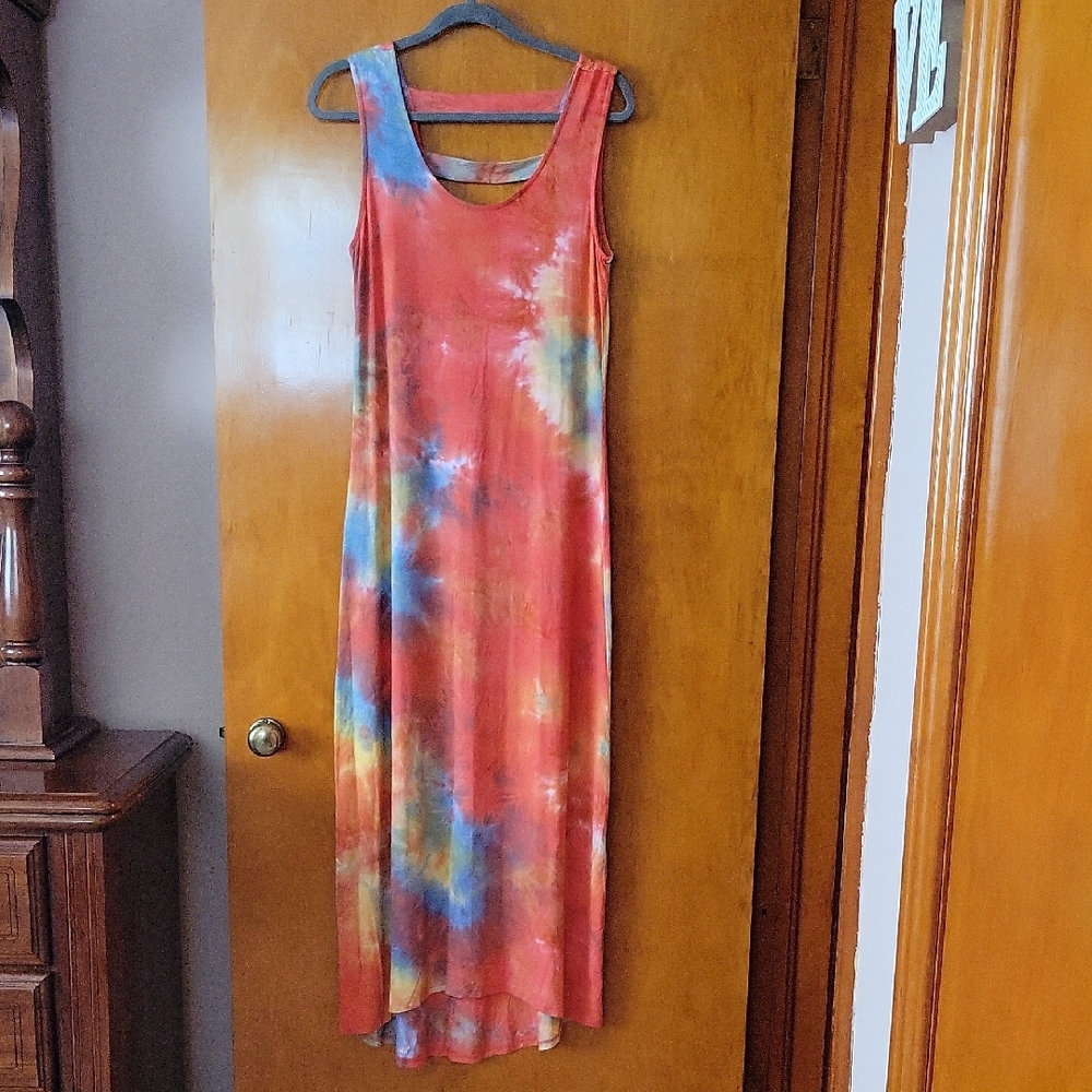Nina Leonard Orange Pink Sheath Maxi Dress